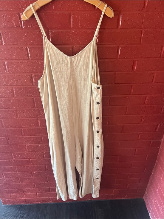 Pants - Beige Sleeveless Button-Trim Jumpsuit